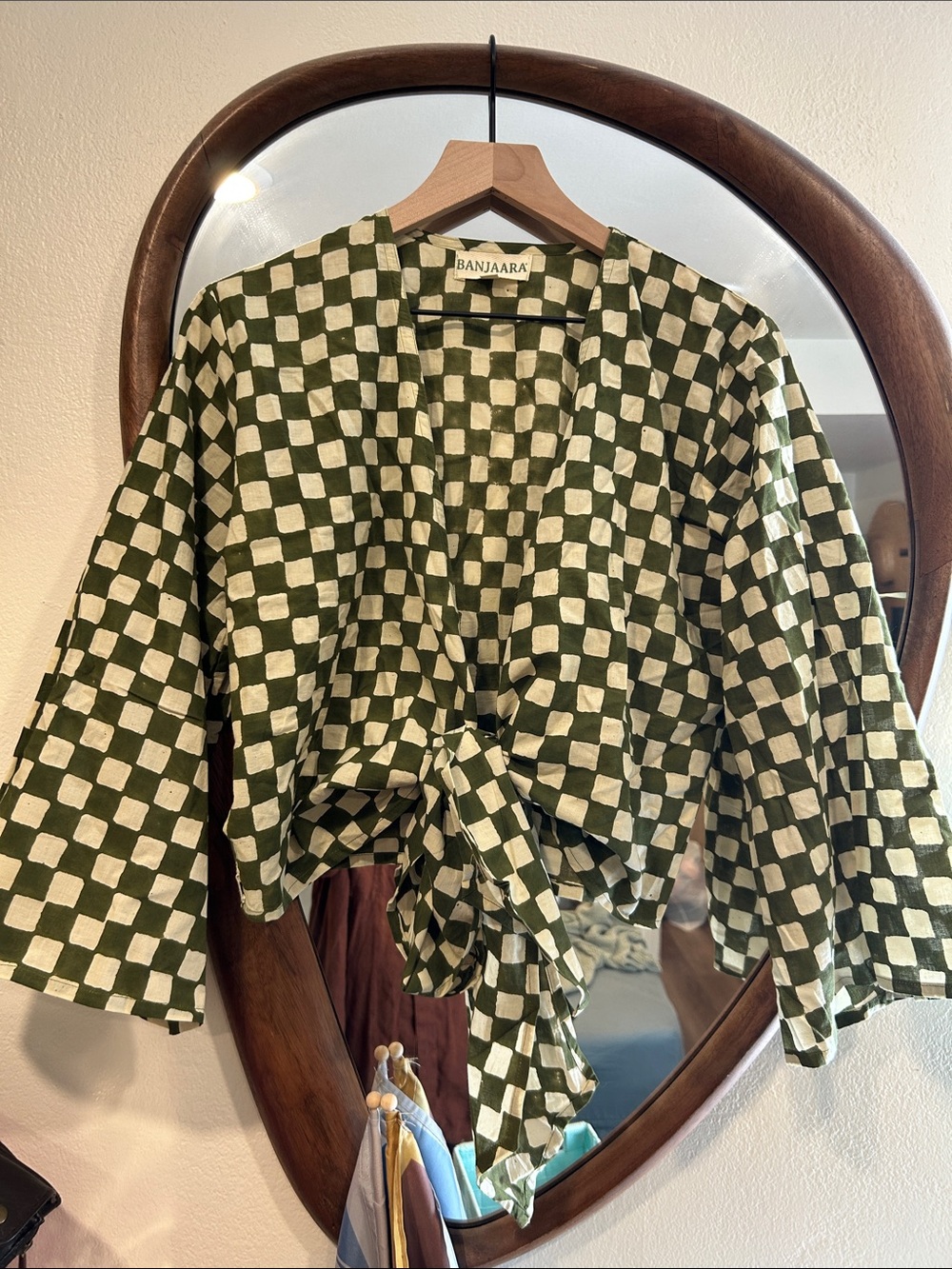 BANJAARA Green & Cream Check Wrap Top S/M